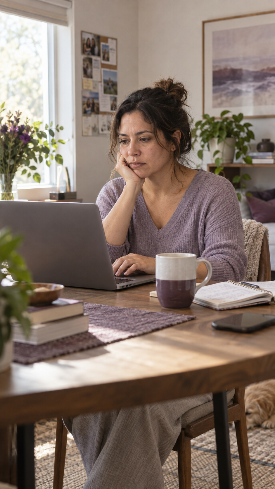 Mujer trabajando frente a su computadora en una casa real